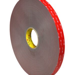 The 1 x 5 yds. Gray 3M™ 4991 VHB™ Tape features a bold red outer layer with white 3M VHB text, a vibrant yellow inner core, and comes as one roll per case.
