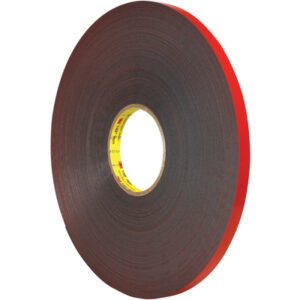This 1 x 5 yds. Dark Gray 3M™ 5925 VHB™ Tape comes in a large roll with a red liner and brand logo on the core, offering durable, double-sided adhesive ideal for various uses.