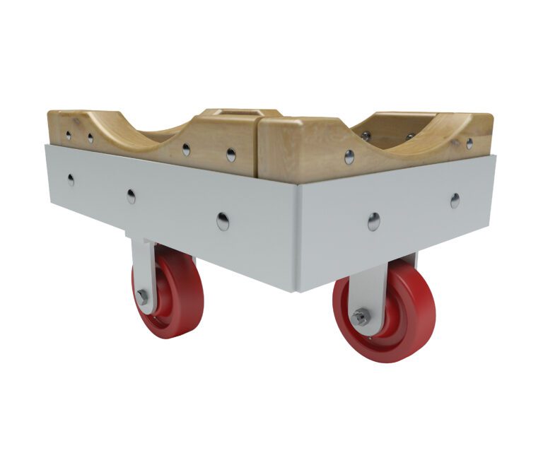 The Vestil Wood/Steel Dolly - Metal Wheels 24X36 is designed for smooth transport of cylindrical objects, featuring a metal frame and curved grooves supported by red rubber wheels for stability and mobility.