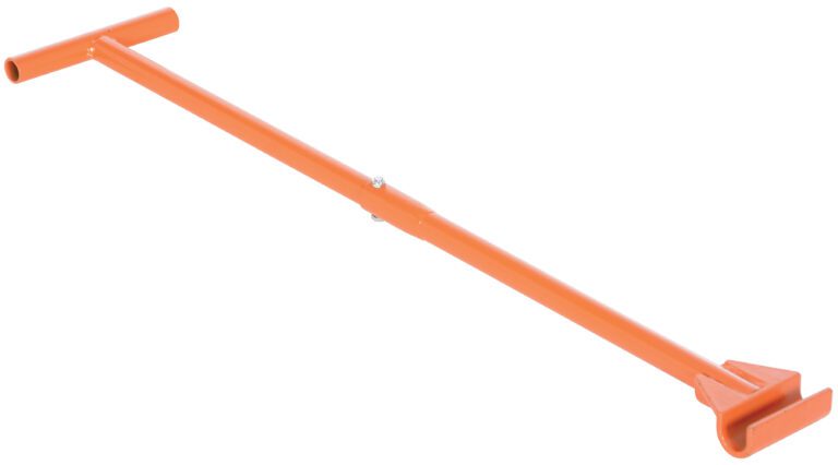 The orange metal Vestil Handle, 38.6 inches long, includes a T-shaped handle and flat angled foot for leverage or positioning. It features a straight shaft with an adjustable joint for versatility.
