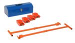 The image shows a blue toolbox, four orange foot-operated lifting devices, and two adjustable rods with hooks. This neatly arranged set resembles the Vestil Steel Machine Roller Kit W/2000 Lb Cap and is perfect for efficiently moving heavy furniture or appliances.