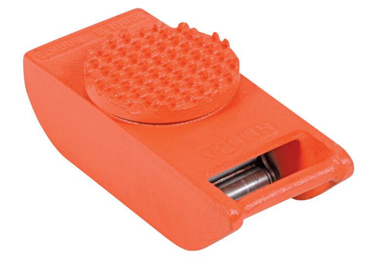 A durable orange industrial door wedge with a textured circular top and small roller is similar to the Vestil Steel Machine Roller W/2000 Lb Capacity.