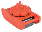 A red machinery skate, akin to the Vestil Steel Machine Roller with 8000 lb capacity, has a spiked circular top and two metal rollers beneath, making it ideal for moving heavy equipment due to its robust construction and durable design.