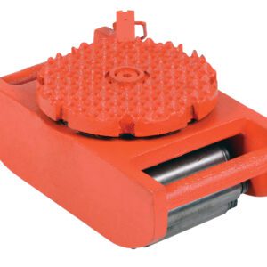 A red machinery skate, akin to the Vestil Steel Machine Roller with 8000 lb capacity, has a spiked circular top and two metal rollers beneath, making it ideal for moving heavy equipment due to its robust construction and durable design.