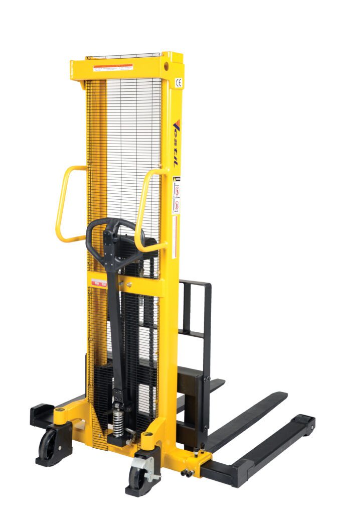 VHPS-2000-AA_A.jpg The Vestil Manual Stacker, with adjustable yellow forks and black legs, is on a white background. It includes a mesh guard, handles, and wheels for easy maneuverability. This 2K stacker efficiently lifts and moves pallets in warehouses.