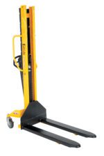 The Vestil Manual Stacker Narrow Mast Fixed Forks/Legs 1K, in yellow with black forks and caster wheels, features a sleek design against a white background for efficiently handling up to 1,000 lbs.