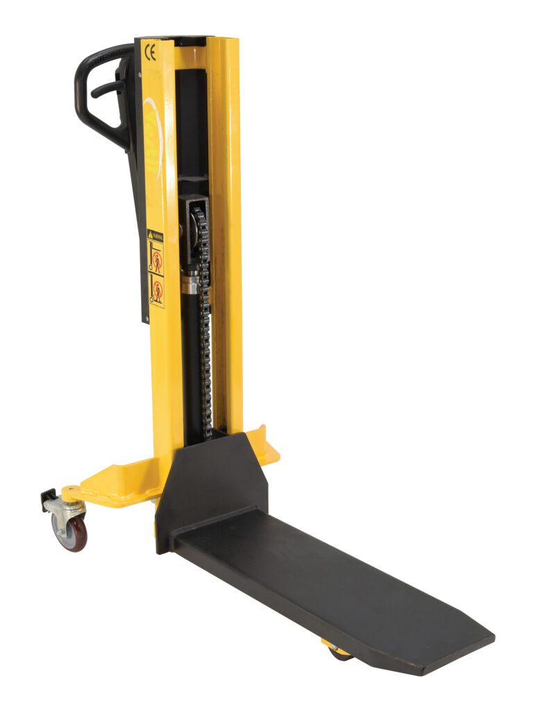 The Vestil Single Fork Skid Positioner Lifter 600Lb is a yellow manual stacker with a black handle, small wheels, and a black platform for lifting. It features a visible chain mechanism and safety stickers set against an unobtrusive background.
