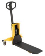 The yellow and black Vestil Single Fork Skid Positioner Lifter 800Lb is a manual pallet jack with a single long platform, handle, two large rear wheels, and a smaller front wheel, ideal for easy transport of heavy items.