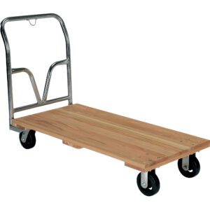 The Vestil Hardwood Platform Truck 1.6K Lb 24Wx48L has a wooden base, metal handle, and four black wheels for easy movement. It supports up to 1,600 lbs, making it perfect for transporting heavy items in warehouses or industrial settings.