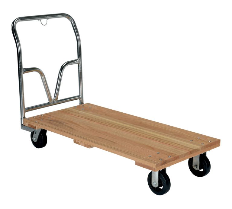 The Vestil Hardwood Platform Truck 1.6K Lb 24Wx48L has a wooden base, metal handle, and four black wheels for easy movement. It supports up to 1,600 lbs, making it perfect for transporting heavy items in warehouses or industrial settings.