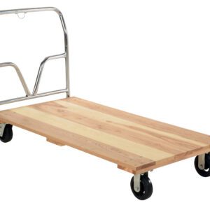 The Vestil Hardwood Platform Truck 1.6K Lb 30Wx60L features a robust wooden platform, an inverted V-handle, and four black caster wheels, supporting up to 1.6K lbs and set against a plain white background.