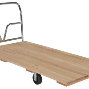 The Vestil Hardwood Platform Truck 1.6K Lb 36Wx72L features a wooden platform, metal handle, and four black wheels for easy mobility, handling up to 1.6K lbs effortlessly.