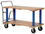 The Vestil Double Deck Hardwood Platform Cart 24X48 has two versatile wooden shelves, black wheels, a metal handle, and blue supports. The top shelf is slightly larger than the bottom for varied storage needs.