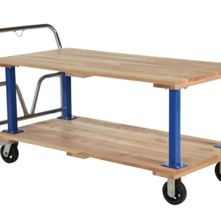 The Vestil Double Deck Hardwood Platform Cart 30X60 includes a two-tier wooden platform, sturdy steel push handle, and four wheels. Blue metal brackets support both the top and bottom shelves, ensuring easy and efficient transport of heavy items.