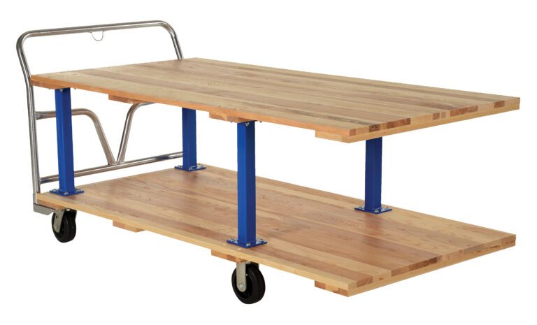 VHPT-D-3672_A.jpg The Vestil Double Deck Hardwood Platform Cart 36X72 has a natural wood finish, blue metal supports, and a sturdy handle. Its two-tiered design and four wheels make it ideal for efficient item transport in warehouses or large areas.
