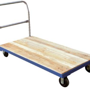 The Vestil Hardwood Platform Truck Stl Frame 30X60 has a sturdy STL frame, a metal handle, four swivel wheels, and light-colored wooden planks framed in blue for easy maneuverability and efficient transport of heavy items.