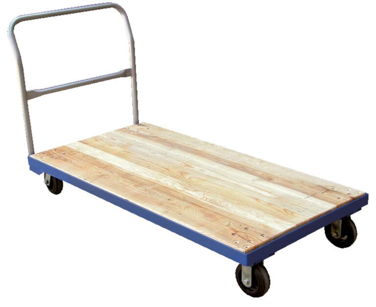 The Vestil Hardwood Platform Truck Stl Frame 30X60 has a sturdy STL frame, a metal handle, four swivel wheels, and light-colored wooden planks framed in blue for easy maneuverability and efficient transport of heavy items.