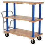 The Vestil Triple Deck Hardwood Platform Cart 24X48 features three hardwood shelves, sturdy blue metal supports, and a polished silver handle. Equipped with four black wheels for smooth transport, its ideal for hassle-free item maneuvering.