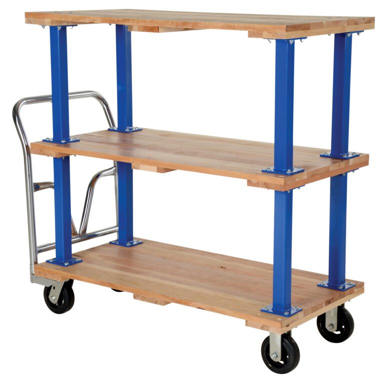 The Vestil Triple Deck Hardwood Platform Cart 24X48 features three hardwood shelves, sturdy blue metal supports, and a polished silver handle. Equipped with four black wheels for smooth transport, its ideal for hassle-free item maneuvering.