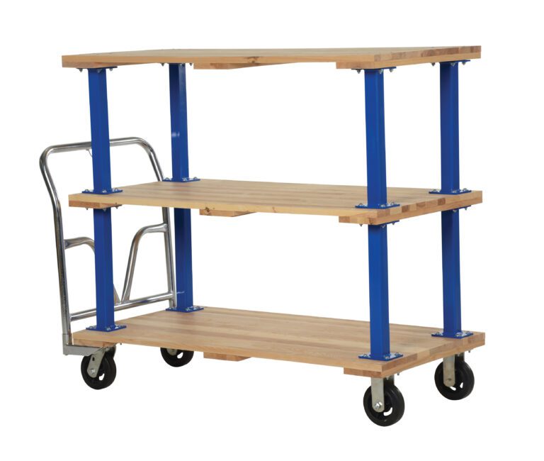 A three-tier wooden cart with blue metal supports and sturdy wheels resembles the Vestil Triple Deck Hardwood Platform Cart 27X54, featuring two open top shelves, a wider bottom shelf, and a shiny metal handle on the left for easy maneuverability.