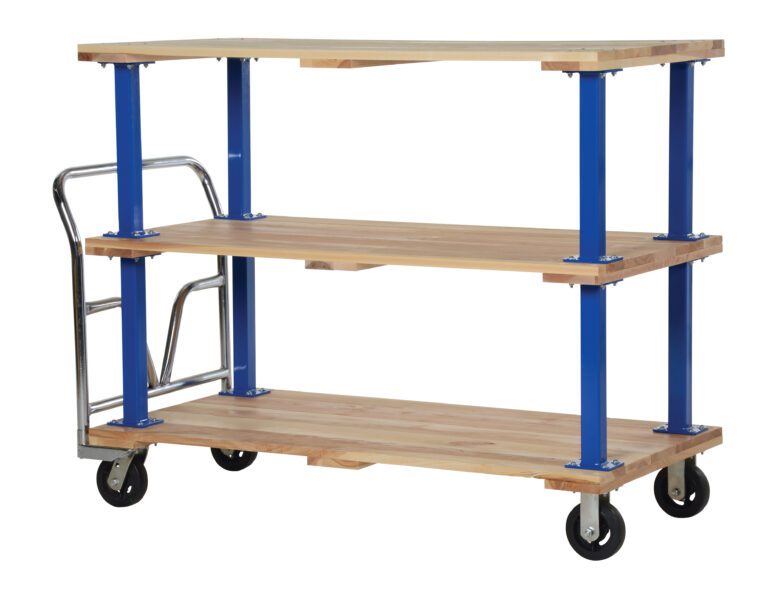 The Vestil Triple Deck Hardwood Platform Cart 30X60 offers three shelves on a blue metal frame, equipped with a metal handle and four black wheels, combining functionality and industrial style for easy movement.