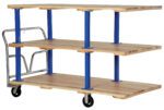 The Vestil Triple Deck Hardwood Platform Cart 36X72 features three wooden shelves on wheels with blue metal supports and a silver handlebar, providing ample, evenly spaced storage and smooth mobility for any workspace.
