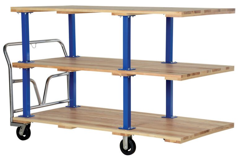 The Vestil Triple Deck Hardwood Platform Cart 36X72 features three wooden shelves on wheels with blue metal supports and a silver handlebar, providing ample, evenly spaced storage and smooth mobility for any workspace.
