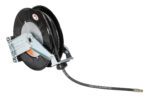 The Vestil Spring Driven Hose Reel 35 Ft 1/2 Dia features a sleek black and silver design with a coiled hose, wall-mount brackets, and a durable brass fitting for easy use.