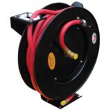 The Vestil Spring Driven Hose Reel 50 Ft 1/2 Dia features a durable black frame with a 50 ft, 1/2 red hose. It includes brass fittings and a branded sticker on the reel, with an expertly wrapped hose for easy storage and access.