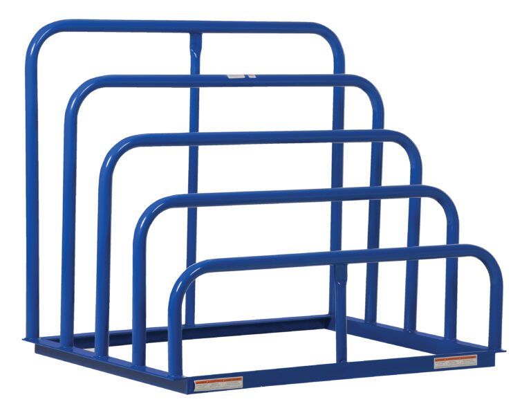 The Vestil Variable Hgt Sheet Rack 36X47.375X41.75 offers a blue metal vertical storage solution, featuring four ascending U-shaped sections ideal for pipes or lumber, all on a sturdy flat base.