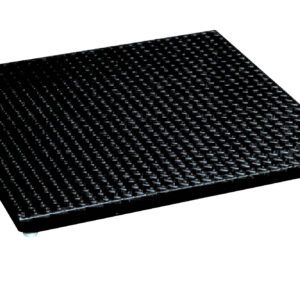 The black platform scale, similar to the Vestil Low Profile Floor Scale 4K Cap 48L X 48W, is square with a raised checkered pattern and small metal feet at each corner, set against a plain white background.