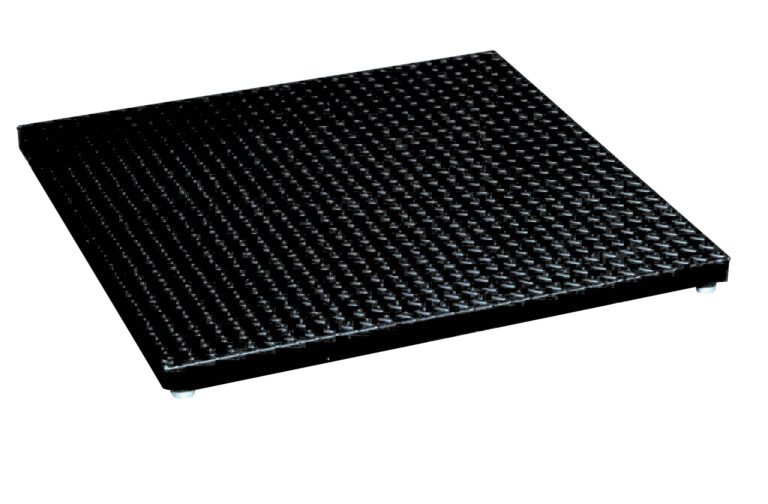 VLPFS-4A_A.jpg The black platform scale, similar to the Vestil Low Profile Floor Scale 4K Cap 48L X 48W, is square with a raised checkered pattern and small metal feet at each corner, set against a plain white background.