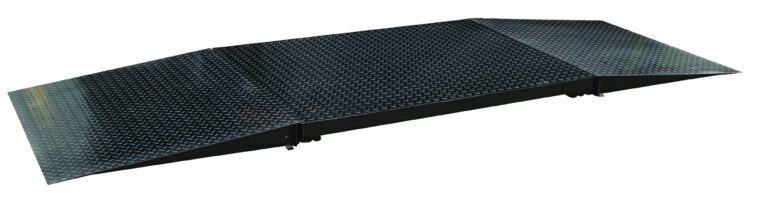 A robust black metal ramp with a diamond-patterned surface, featuring inclined ends and a flat middle, perfect for easing the movement of items over small elevations like the Vestil Floor Scale Option Approach Ramp 36Lx48W.