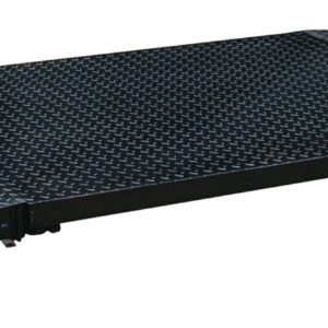 A robust black metal ramp with a diamond-patterned surface, featuring inclined ends and a flat middle, perfect for easing the movement of items over small elevations like the Vestil Floor Scale Option Approach Ramp 36Lx48W.