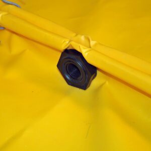 Close-up of a black nut securing yellow fabric, resembling the Vestil Bulkhead Fitting Flexible Spill Deck, with metal hooks along its edges.