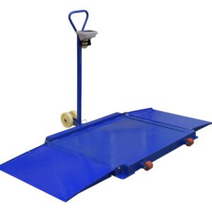 The blue hand truck, designed for the Vestil Portable Diamond Plate Scale 78Lx60Wx2H, features a platform with two small front wheels and larger rear wheels. It includes dual-end ramps and a durable handle for easy loading.
