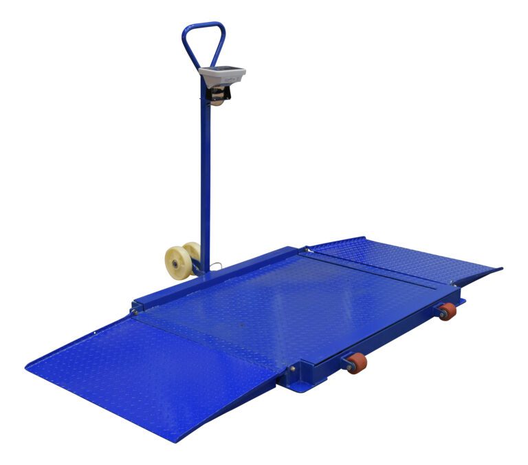 VPFS-3B_A.jpg The blue hand truck, designed for the Vestil Portable Diamond Plate Scale 78Lx60Wx2H, features a platform with two small front wheels and larger rear wheels. It includes dual-end ramps and a durable handle for easy loading.