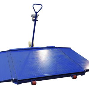 The Vestil Portable Diamond Plate Scale 98Lx71Wx2H includes a textured blue loading ramp with side wings, a handle, and two rear wheels for easy transport and loading of heavy items.
