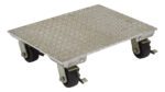 The Vestil Alum Plate Dolly 1200 Cap 14X18 Swivel is compact, supports up to 1200 lbs, and measures 14x18 inches. It features a diamond-patterned surface and four swiveling black wheels with metal brackets, ideal for effortlessly moving heavy items.