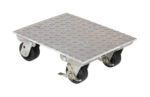 The Vestil Aluminum Plate Dolly 1.2K Lb Cap 14X18 features a grippy diamond-patterned 14x18-inch flat platform, can handle up to 1.2K lb, and includes four black swivel casters with brakes for stability, perfect for moving heavy objects in warehouses or garages.