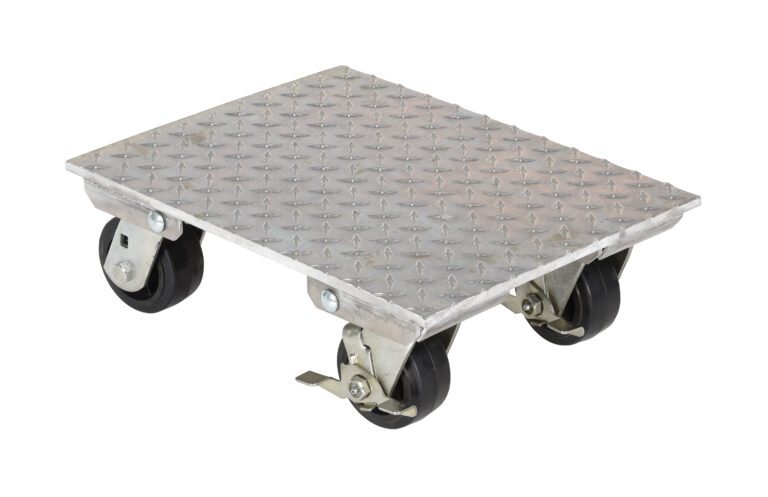 VPLDO-A-1418_A.jpg The Vestil Aluminum Plate Dolly 1.2K Lb Cap 14X18 features a grippy diamond-patterned 14x18-inch flat platform, can handle up to 1.2K lb, and includes four black swivel casters with brakes for stability, perfect for moving heavy objects in warehouses or garages.