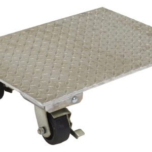 The Vestil Alum Plate Dolly 1200 Cap 18X24 Swivel features a diamond plate textured platform for superior grip, four black swivel casters with locks, supports up to 1200 lbs, and measures 18x24 inches.