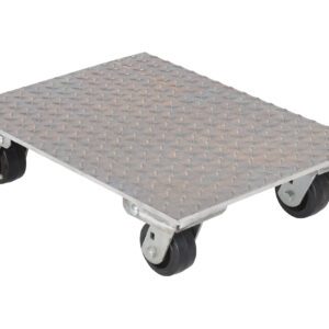 The Vestil Aluminum Plate Dolly 1.2K Lb Cap 18X24 is a flat, metal platform with a diamond plate surface and four black swivel wheels, designed for easy transport of heavy items. It includes a locking mechanism on one wheel for added stability.