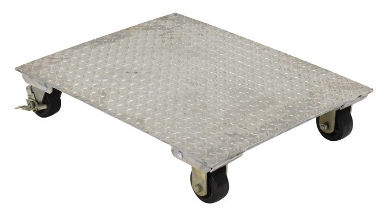 The Vestil Aluminum Plate Dolly 1.2K Lb Cap 24X30 has a robust metallic platform with a patterned surface and four swivel wheels, capable of holding up to 1200 lbs.