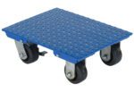 The Vestil Steel Plate Dolly W/ 1.2K Lb Cap 14 X 18 has a blue, rectangular design with a textured non-slip surface, four black swivel caster wheels, and a sturdy metal frame to transport heavy or large items up to its 1.2K lb capacity effortlessly.