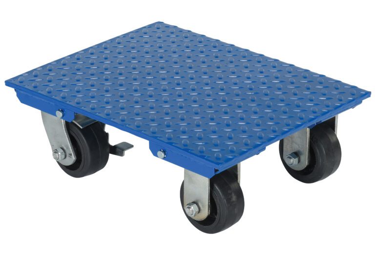 VPLDO-S-1418_A.jpg The Vestil Steel Plate Dolly W/ 1.2K Lb Cap 14 X 18 has a blue, rectangular design with a textured non-slip surface, four black swivel caster wheels, and a sturdy metal frame to transport heavy or large items up to its 1.2K lb capacity effortlessly.