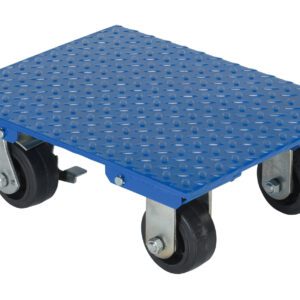 The Vestil Steel Plate Dolly W/ 1.2K Lb Cap 14 X 18 has a blue, rectangular design with a textured non-slip surface, four black swivel caster wheels, and a sturdy metal frame to transport heavy or large items up to its 1.2K lb capacity effortlessly.