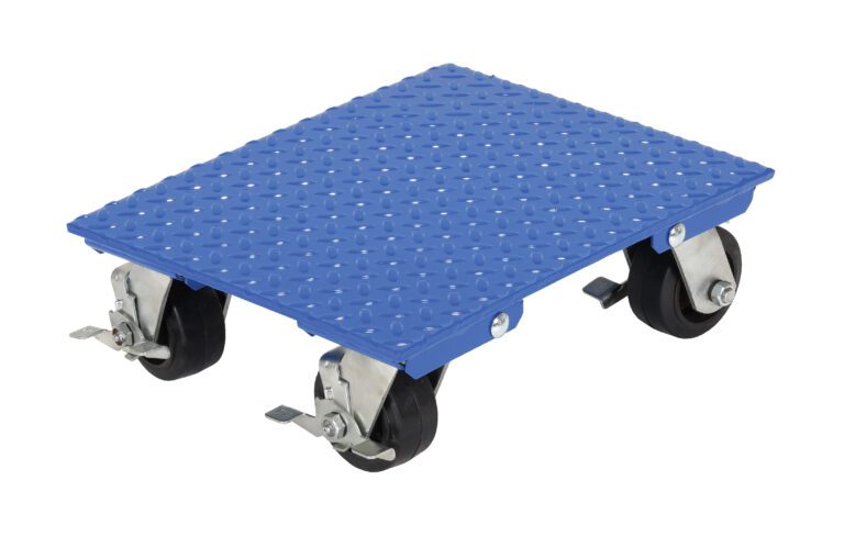 VPLDO-S-1824-AS_A.jpg The Vestil Stl Plate Dolly 1200 Cap 18 X 24 Swivel features a blue square design with a textured surface, four black swivel casters with metal brakes, and robust metal construction for moving heavy objects up to 1200 lbs on its 18 x 24-inch platform.