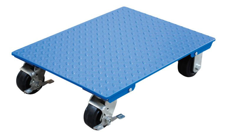 VPLDO-S-1824_A.jpg The Vestil Steel Plate Dolly W/ 1.2K Lb Cap 18 X 24 features a robust blue design with a textured metal platform and four black swivel caster wheels, boasting a capacity of 1,200 lbs and measuring 18 x 24 inches for versatile transport needs.