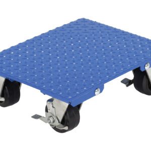 The Vestil Stl Plate Dolly 1200 Cap 24 X 30 Swivel features a sturdy blue metal surface, four black swivel wheels, two reliable locks, and supports up to 1200 lb.